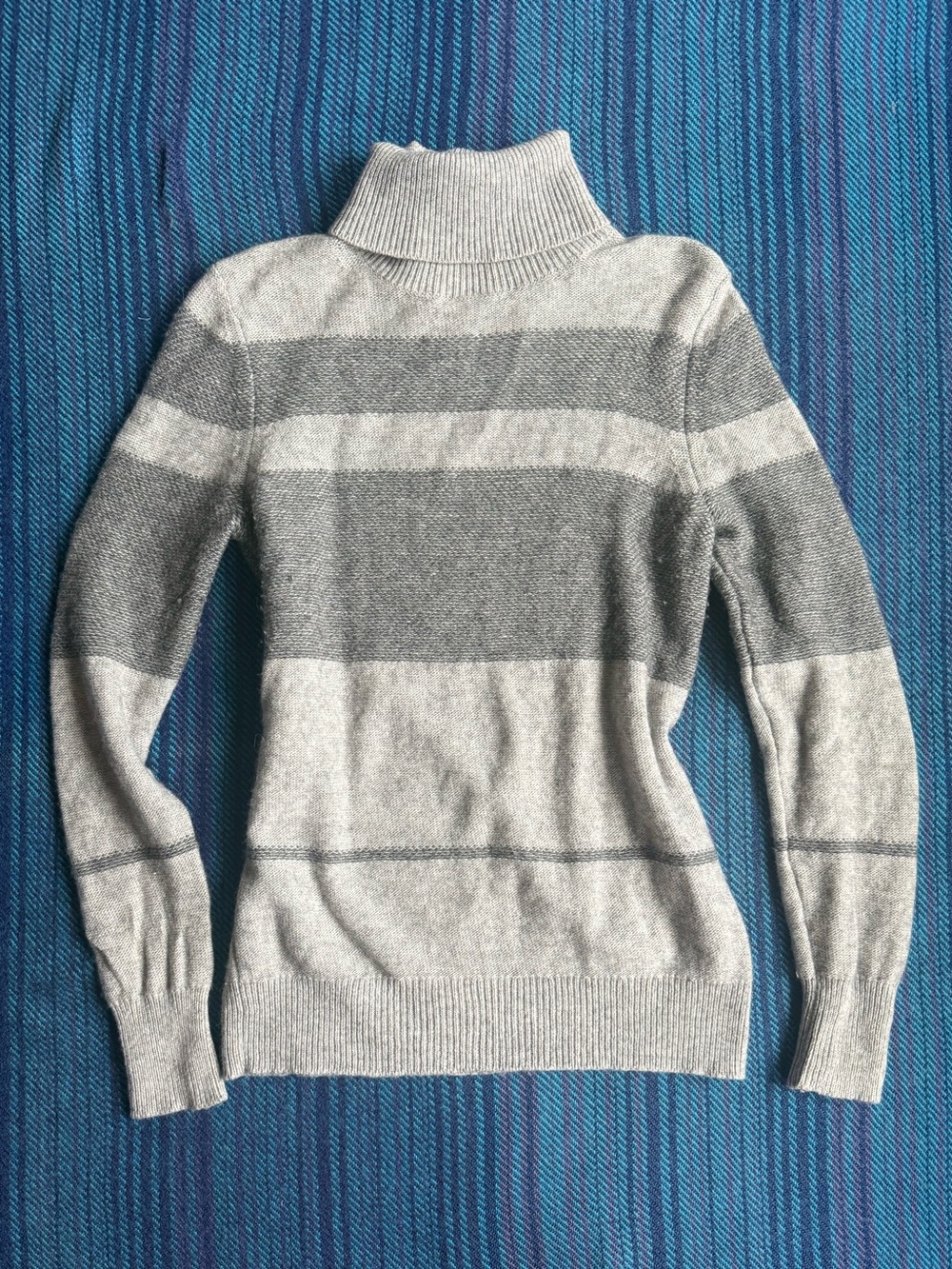 Gray Merino Wool Striped Turtleneck Sweater